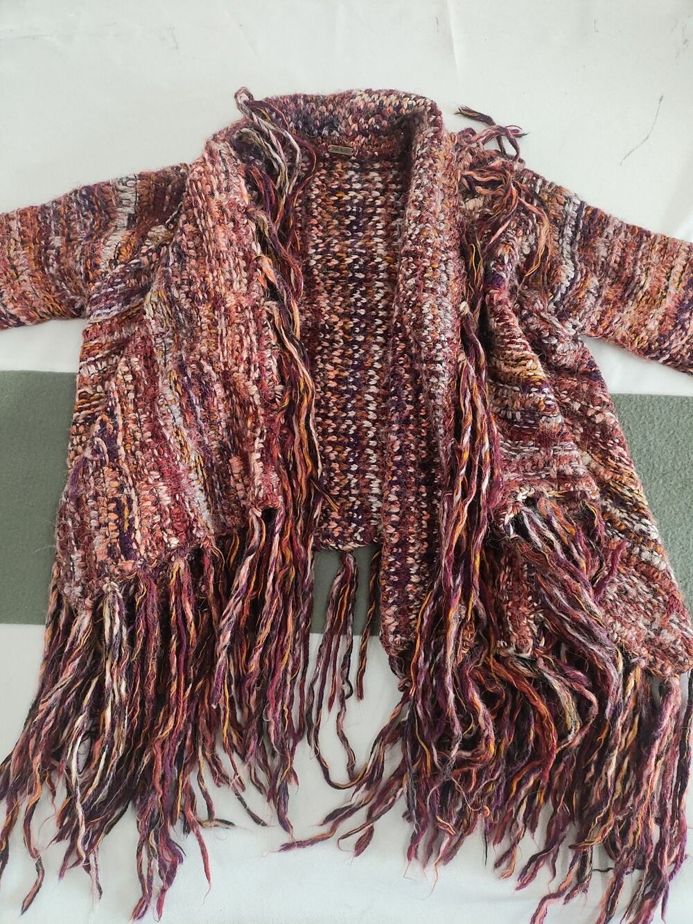 Free People Fringed Wrap Cardigan Sweater Brown Beige Fall Colors Sz S Open Fron